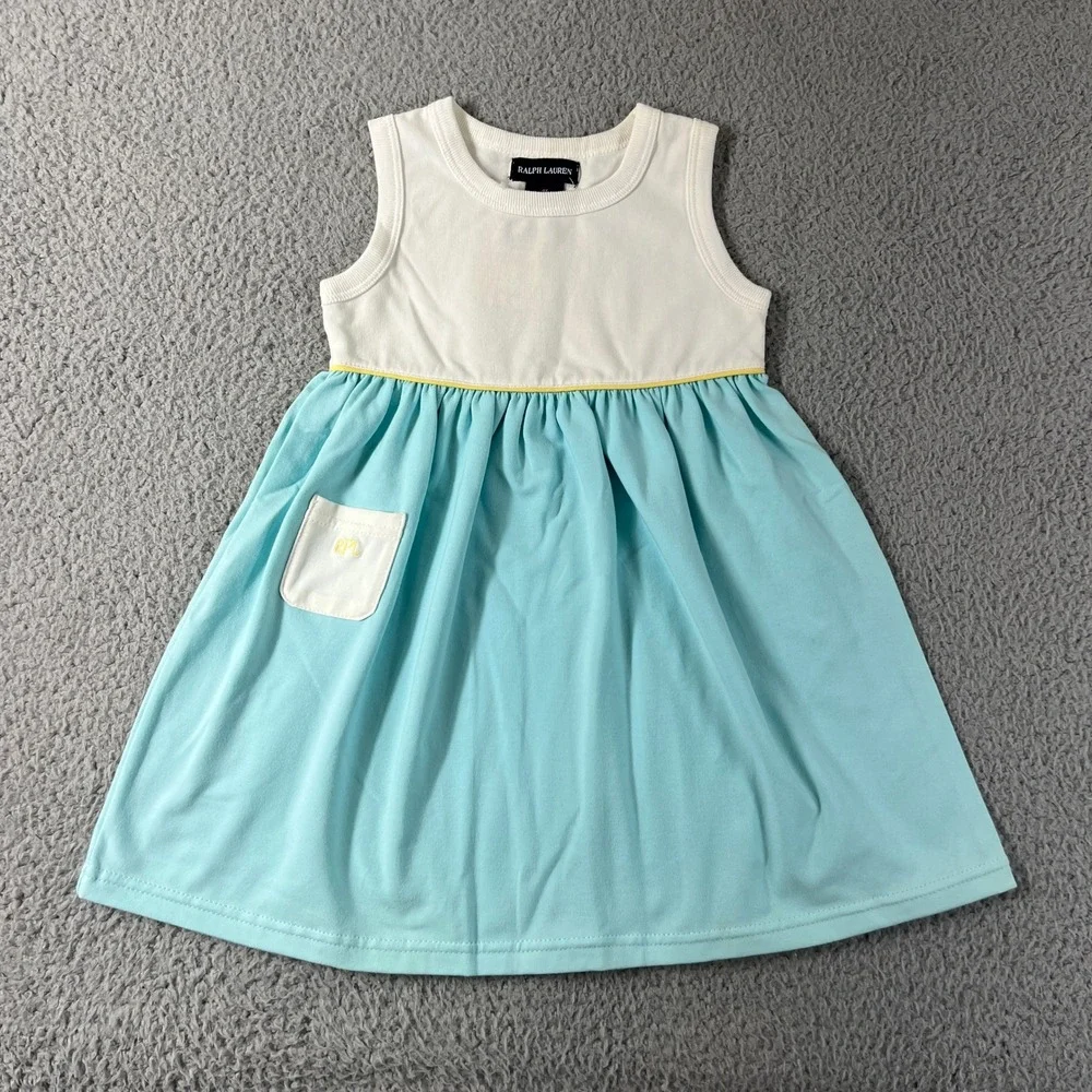 Ralph Lauren Dress Girls 4T Blue White Palm Beach Sleeveless Logo Pocket VTG NWT